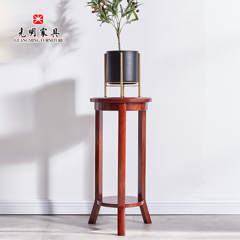 【光明家具】水曲柳實(shí)木花架，圓形木質(zhì)書房置物架，客廳落地花架花幾108B-82520-80